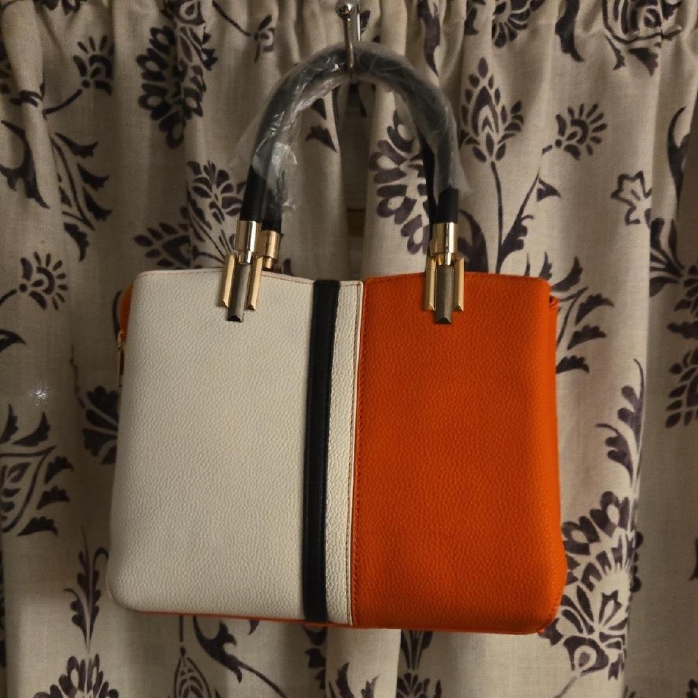 Orange and White Structured Satchel with Metal Hardware